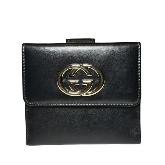 Gucci Britt Interlocking Silver GG Black Calfskin Leather Compact Bi-Fold Wallet - Picture 1 of 10